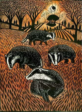 Woodcut entitled Badger Family by Ian MacCulloch