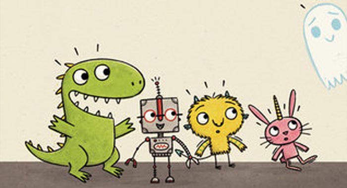 part of cover image to Boo Who? with a green dinosaur, a robot, a yellow monster, and a pink rabbit all look at a white ghost