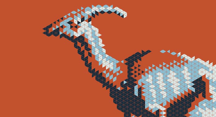 part of the cover image to Why dinosaurs matter by Kenneth J. Lacovara. A pixelated dinosaur on a reg background
