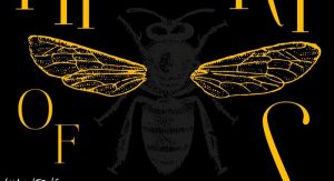 A grey bee outline with gold wings on a black background