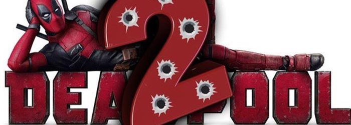 Deadpool the character reclines on Deadpool the word, with the number 2 riddled with bullet holes