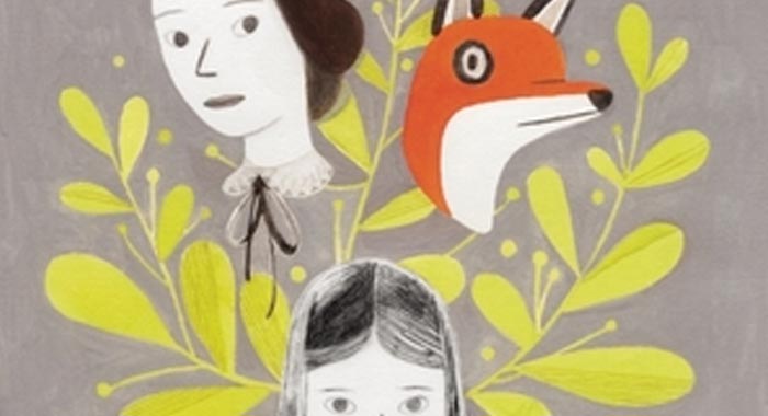 Illustration of three heads Jane Eyre, a Fox, and a little girl