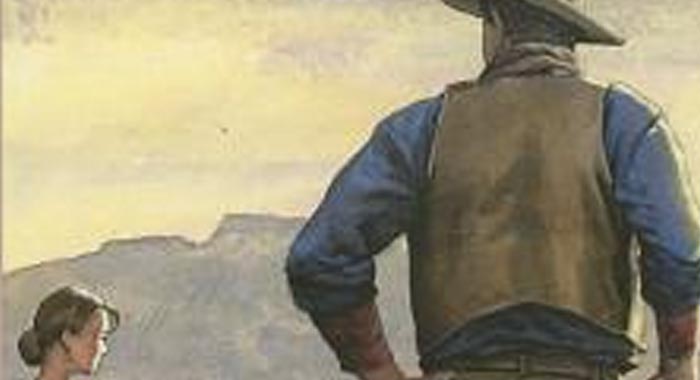 A John Wayne type man, viewed from the back, looks at a woman