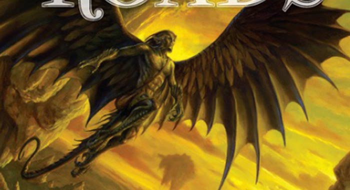 A winged humanoid figure, looking something like a devil against a gold/yellow background